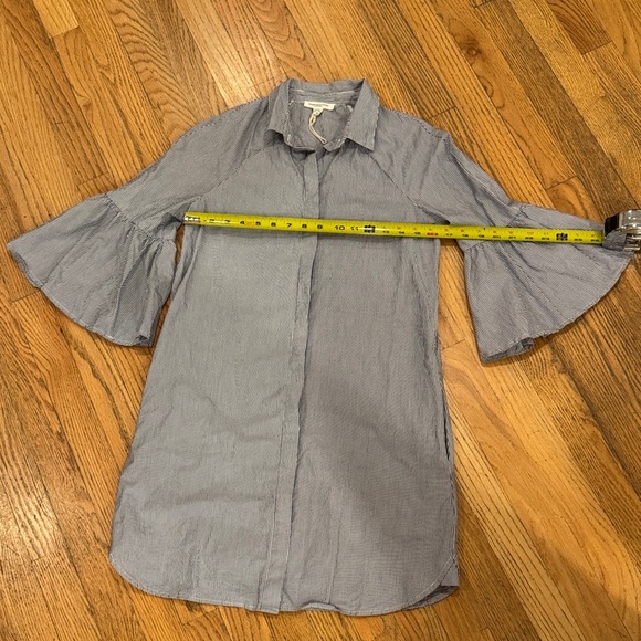 Cotton White Gray Striped Midi Dress with Flared Sleeves Size: XS - Picture 11 of 13